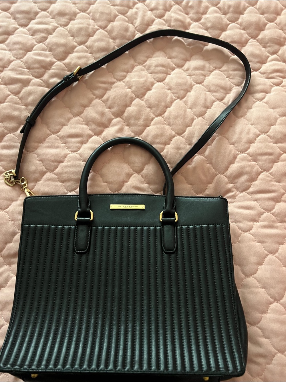 Donna Karan Black Quilted Leather Satchel with Gold Hardware